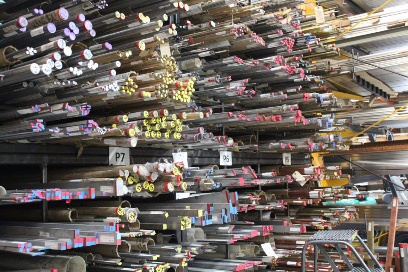 Stainless steel bars stored in a rack