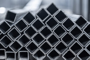 A stack of carbon steel square tubing.