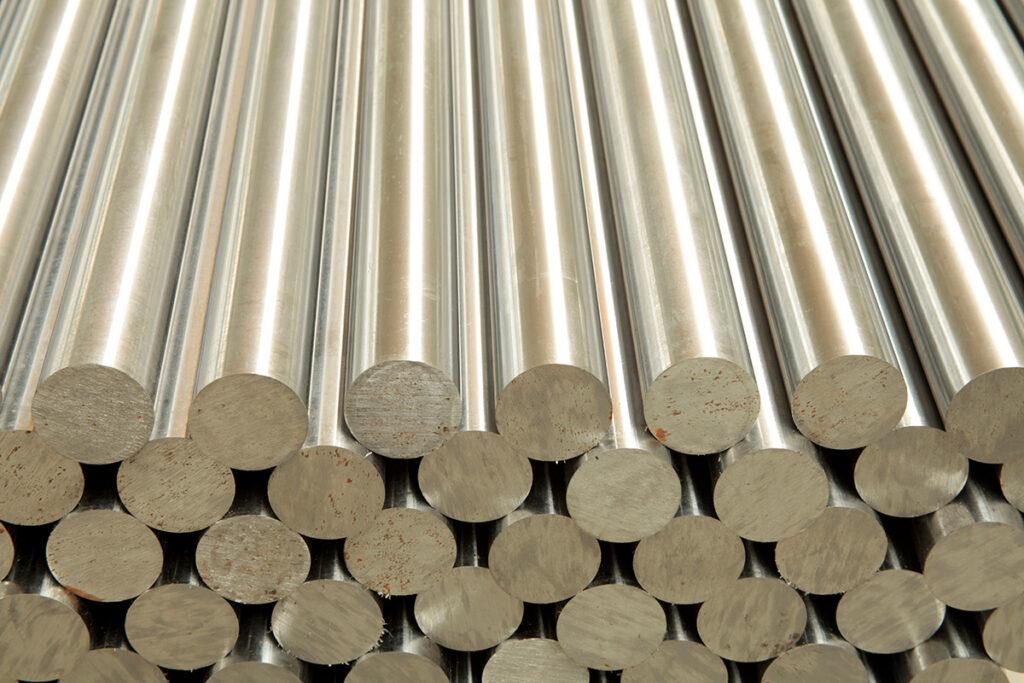 Bundle of stainless steel round bar stock with polished finish, available for purchase at Alcobra Metals in Spokane, WA
